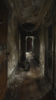 Spooky abandoned house hallway featuring dimly lit wooden floorboards, cobwebs, and eerie open doors. Concept of Halloween, horror, haunted mansion, mystery, scary atmosphere, abandonment. Vertical photo