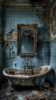 Eerie abandoned mansion bathroom with a broken mirror and a rusty bathtub. Concept of urban decay, forgotten spaces, vintage architecture, spooky atmosphere, Halloween, and scary ambiance. Vertical photo