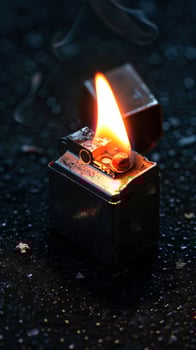 Close-Up of a Woman Lighting a Zippo Lighter on a Dark Background. Concept of Fire Ignition, Lighter Mechanics, Precision Lighting. Vertical photo