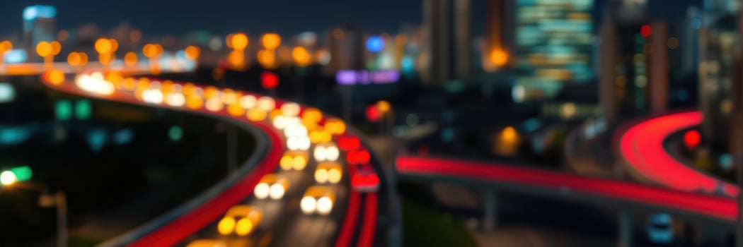 Nighttime city traffic flows along curved highways with illuminated skyscrapers in the background photo