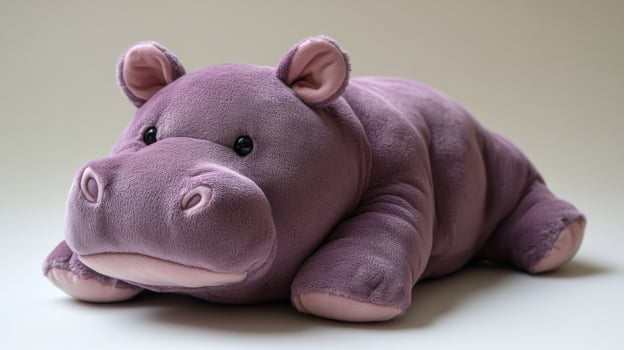 A soft, purple plush hippo toy is lying on a light background, showcasing its round body and cute features, inviting joy and comfort to all who see it. photo
