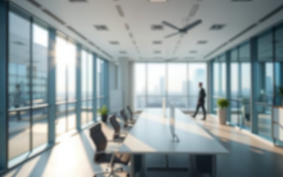 Modern office interior with large windows and worker moving around in bright sunlight photo