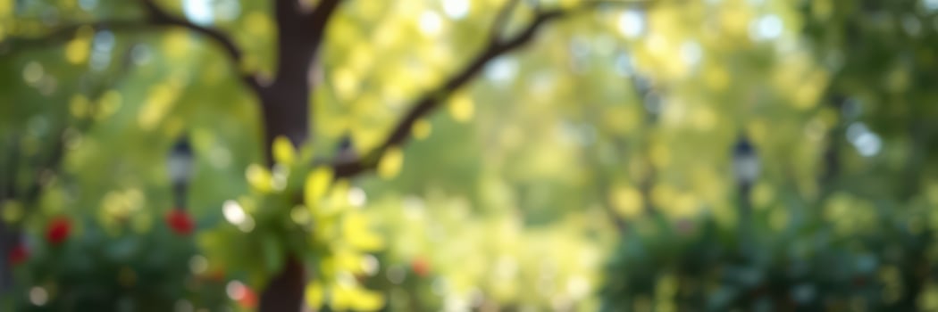 Lush green park with soft sunlight illuminating the pathway and vibrant flowers during a tranquil afternoon stroll photo