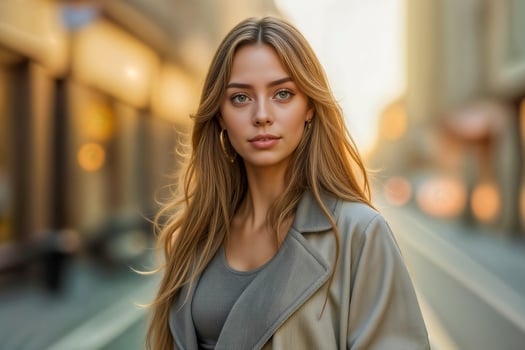 Elegant young woman in urban golden hour setting photo