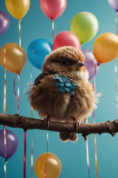 A cute bird perched on a branch with colorful balloons in the background, celebrating joy. photo