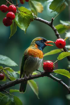 A colorful bird perched on a branch with red berries, showcasing nature's beauty. photo