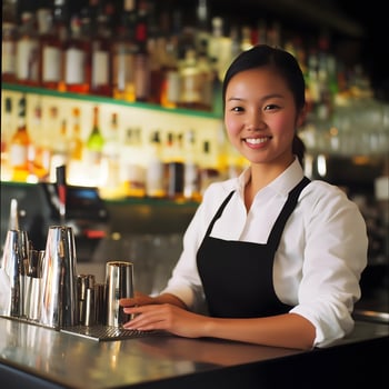 Happy Bartender Professional Barkeeper Woman Female Bar photo