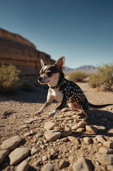 A small dog with a unique coat pattern poses in a desert landscape with rocky terrain. photo