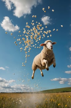 A sheep leaps into the air with popcorn scattered around, creating a whimsical scene. photo