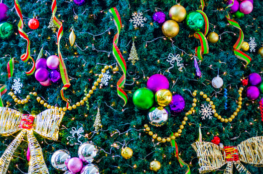 Christmas ball and pine tree decoration background. Christmas celebration concept photo