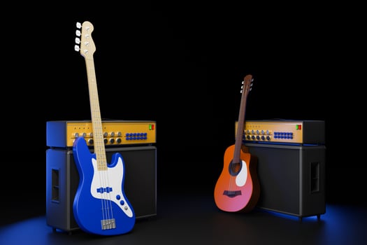 3D illustration with electric or acoustic guitar with amplifier. Classic amplifier in the studio or on the concert. photo