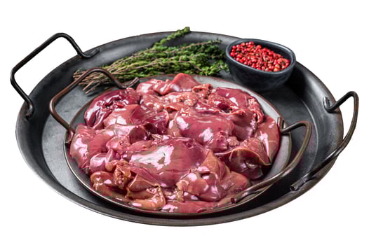 Fresh Raw chicken liver, poultry giblets in steel tray with herbs. Isolated on white background. Top view. photo