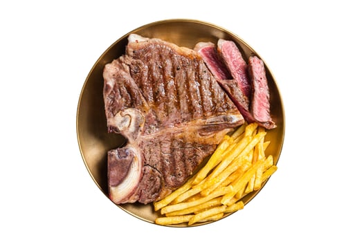 Roast Italian Florentine or porterhouse beef meat Steak in a plate with french fries. Isolated on white background. photo