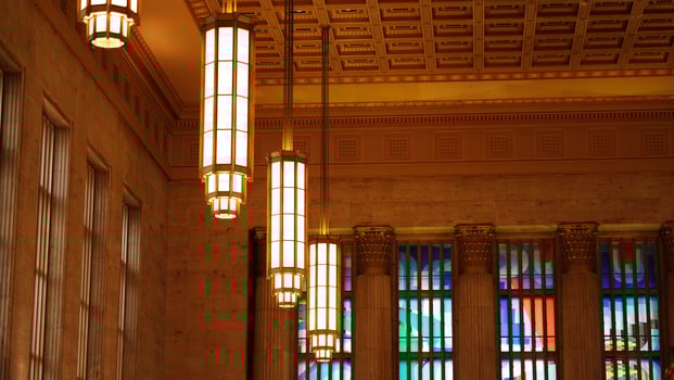 The classical glass window interior view with the lighs on as background photo