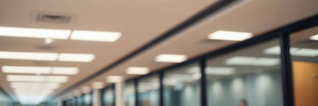 Office corridor with bright lighting and glass partitions during daytime work hours photo