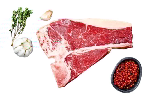 Porterhouse raw steak. Organic meat beef. Isolated on white background. Top view. photo