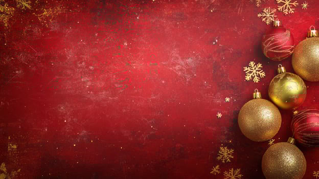 Vibrant Red Background with Gold and Red Christmas Ornaments and Scattered Snowflakes for Festive Holiday Decor and Celebrations photo