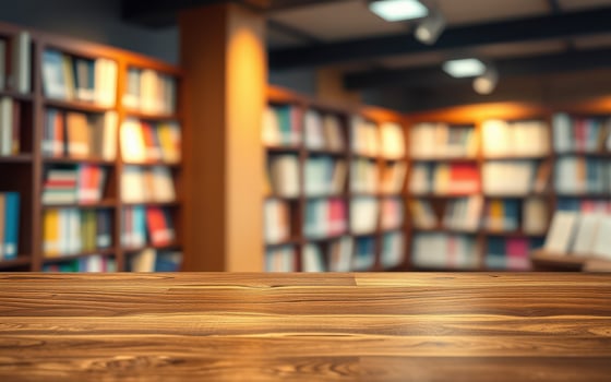 Cozy library atmosphere with wooden table and shelves filled with colorful books photo