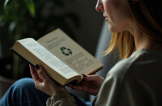 Woman reads book, studies ways to recycle garbage and waste photo