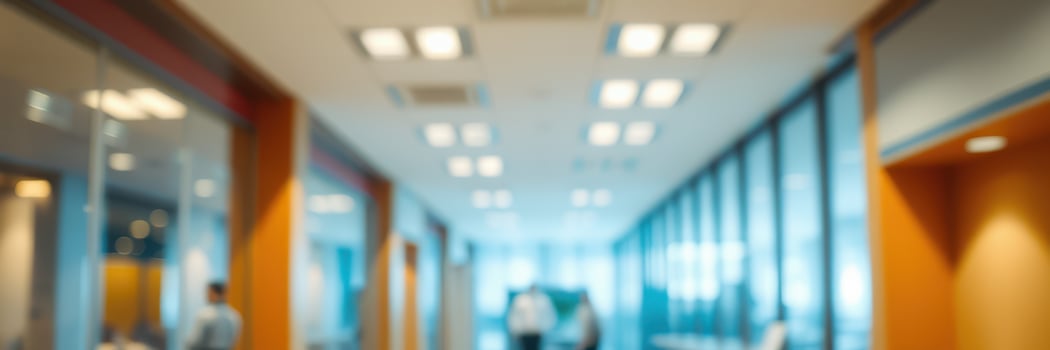 Office corridor bustling with professionals during work hours in a modern business environment photo