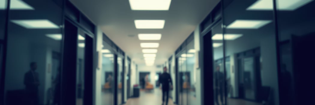 Office hallway filled with reflections and shadows during a busy workday photo