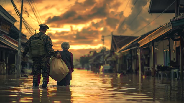 A soldier helping an elderly woman cross a flooded village street, carrying a sack of rice, with a sunset sky in the background photo