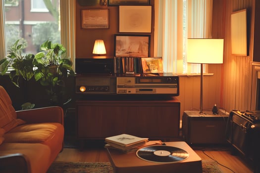 A cozy, retro living room with vintage furniture, soft lighting, and a record player spinning an old vinyl photo