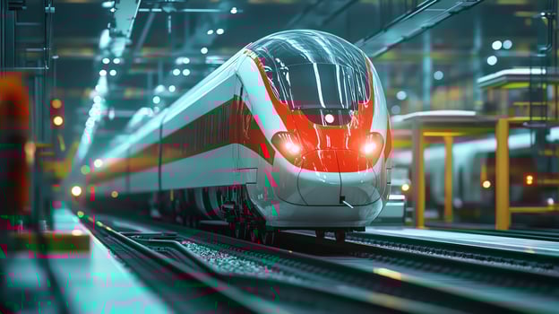 A detailed shot of a highspeed train manufacturing facility, showcasing the assembly of sleek train carriages under bright lights photo