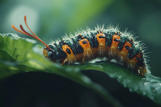 A colorful caterpillar crawls on a green leaf. photo