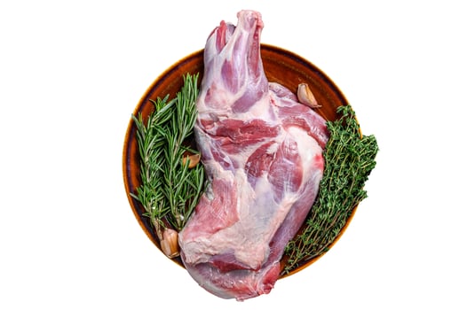 Whole fresh Raw lamb shoulder meat on a plate. Isolated on white background. photo