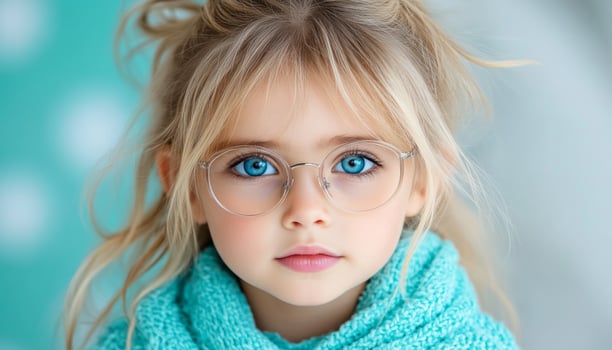 Young girl showcases bright blue eyes and stylish glasses while wearing a soft, warm sweater photo