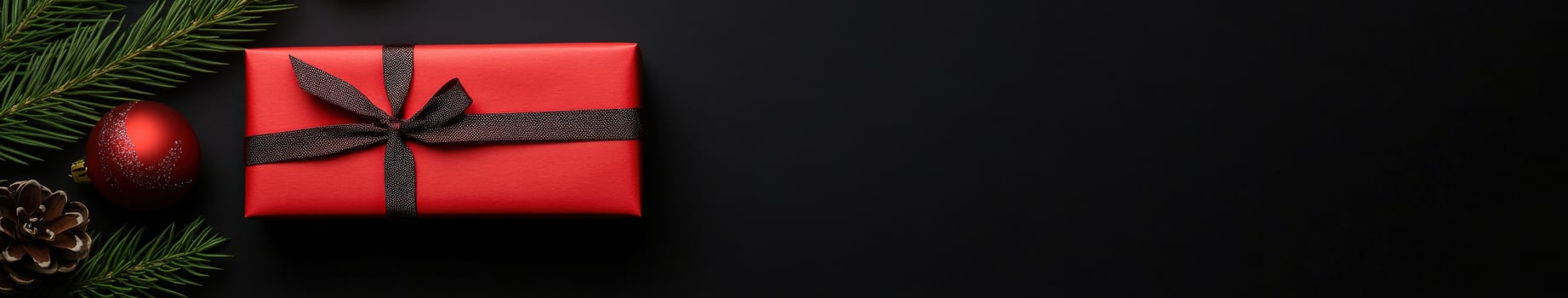 Festive red gift box with holiday decorations on dark background photo