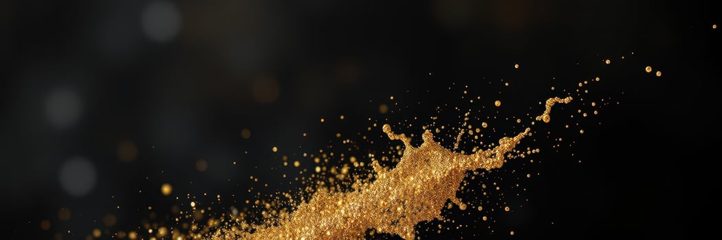 Golden liquid splashes against a dark backdrop, creating an abstract art effect during a dynamic moment photo