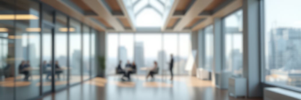 Modern office interior with city view featuring professionals engaged in collaboration during daylight photo