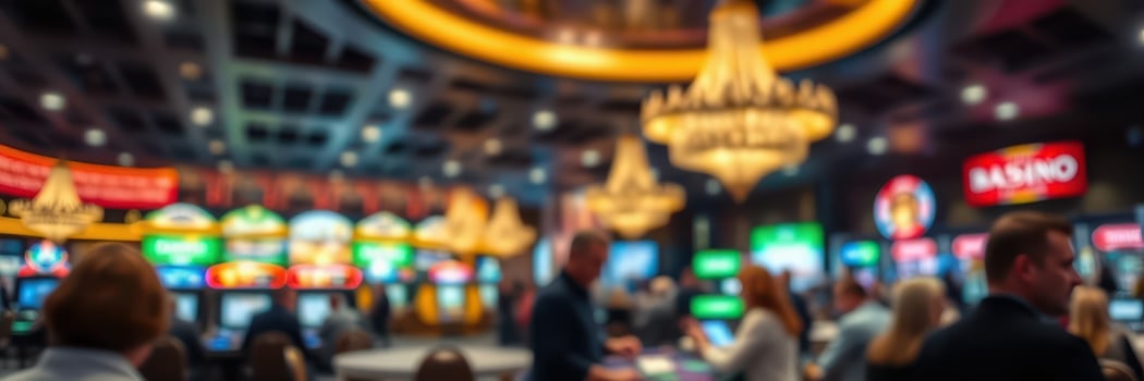 Exciting atmosphere in a bustling casino filled with vibrant slot machines and elegant chandeliers during evening hours photo