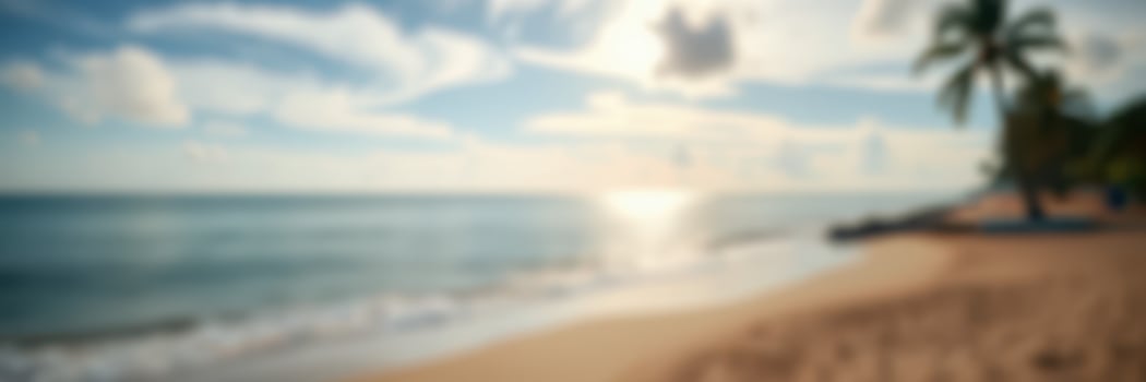 Beautiful tropical beach at sunset with soft waves and palm trees in the distance providing a serene atmosphere photo