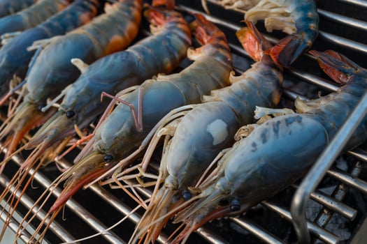 Fresh river prawn grilled on charcoal stove photo