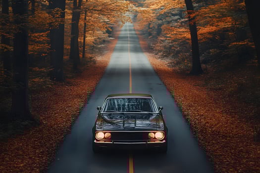 A classic car cruises down a misty road bathed in the golden hues of fall foliage. The scene evokes a sense of adventure and nostalgia, inviting viewers to imagine the journey ahead photo