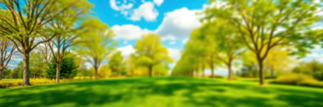 Lively green landscape with trees under a bright blue sky during a sunny day in springtime photo