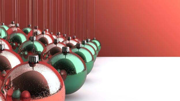 Christmas ornaments, red, green, snowy surface, red background. photo