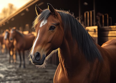 A beautiful horse gazes calmly in a rustic barn during golden hour, surrounded by fellow horses photo