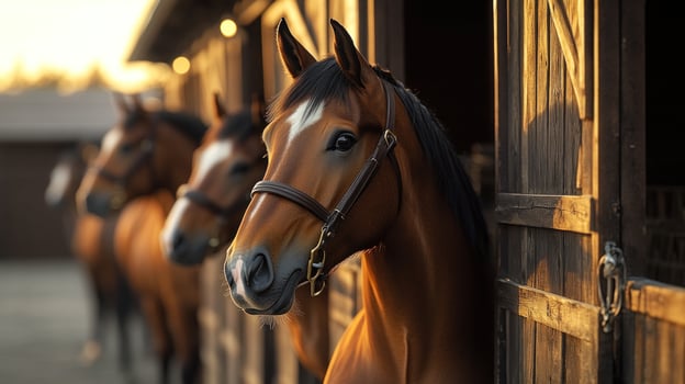 Horses peer curiously from rustic stables as the sun sets, casting a warm glow over the landscape photo