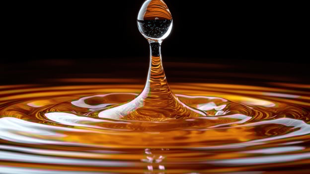 A mesmerizing droplet cascades into a rich amber liquid, creating delicate ripples photo