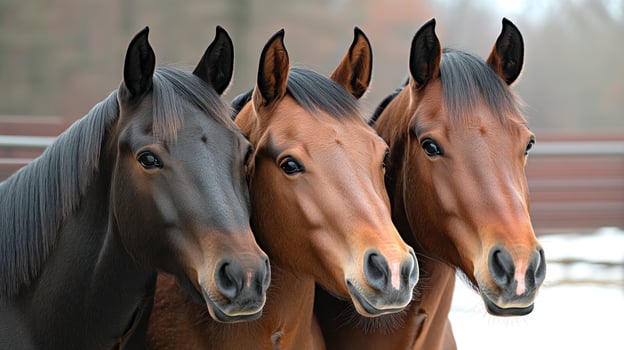 Three beautiful horses with sleek coats gather close together, showcasing their grace and strength photo