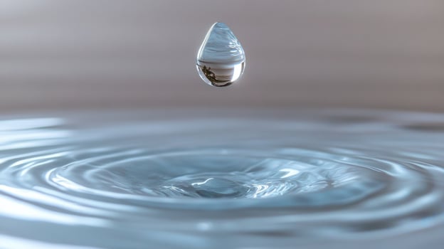 A crystal-clear drop hangs suspended above a calm surface, about to create graceful ripples below photo