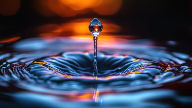 A single droplet creates concentric ripples on the surface, reflecting warm sunset colors photo