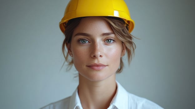 A confident woman in a yellow hard hat embodies strength and focus, ready for her project photo