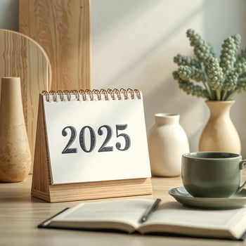 2025 wooden desktop calendar with notebook mug photo