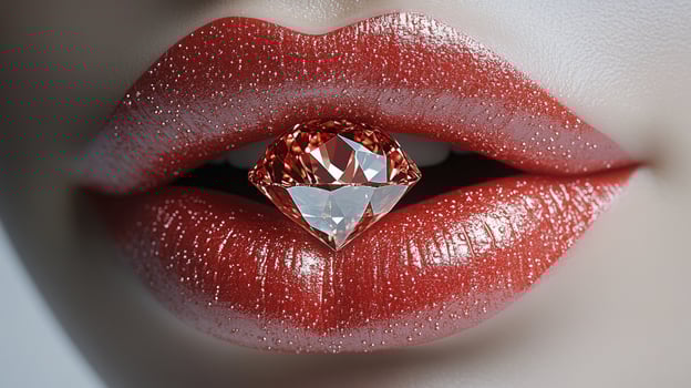 Bold red lips shine with glitter as a dazzling diamond rests delicately between them photo