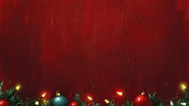 Christmas lights, ornaments, red wooden background, holiday. photo